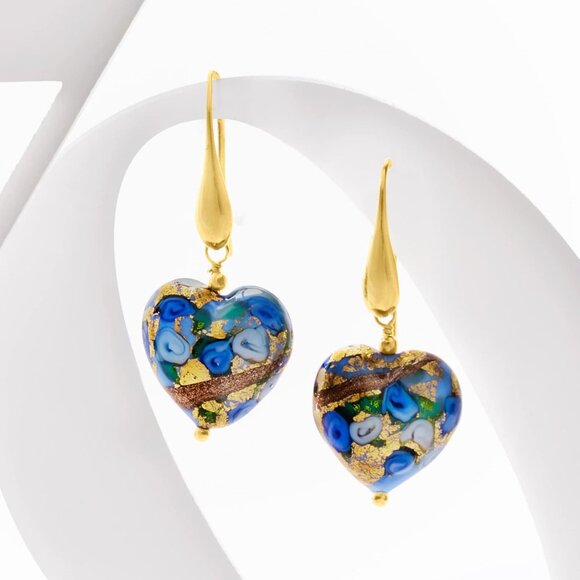 Italian Murano Glass Heart Drop Earrings in 18kt Gold Over Sterling - Picture 3 of 5